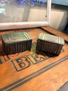 Vintage Godinger Silver Plated Wicker Trunk Trinket Boxes, Set of 2
